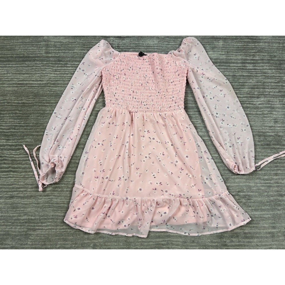 As U Wish Dress Womens Medium Pink Floral Long‎ Sheer Sleeve Smocked Mini